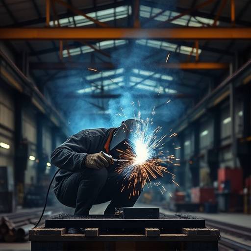 Industriell sveisemaskin i en produksjonshall